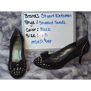EUC Stuart Weitzman Black Suede‎ elm Studded Bow Kitten Heel Pumps Shoes 7.5